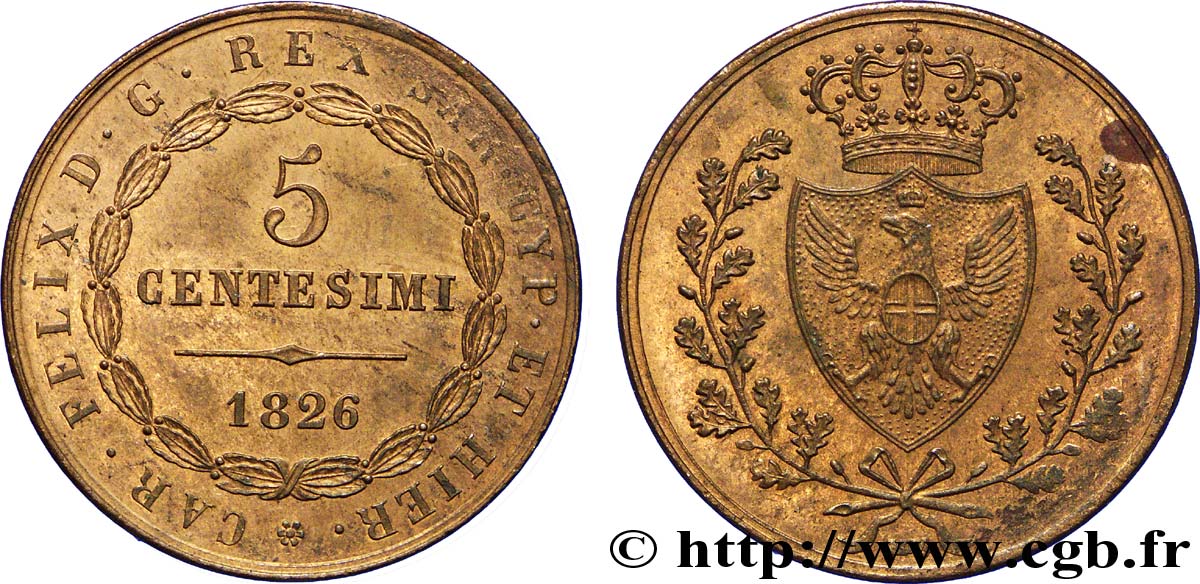 ITALY - KINGDOM OF SARDINIA - CHARLES-FELIX 5 centesimi 1826 Bologne AU 