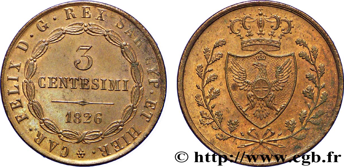 ITALY - KINGDOM OF SARDINIA - CHARLES-FELIX 3 centesimi 1826 Bologne AU 