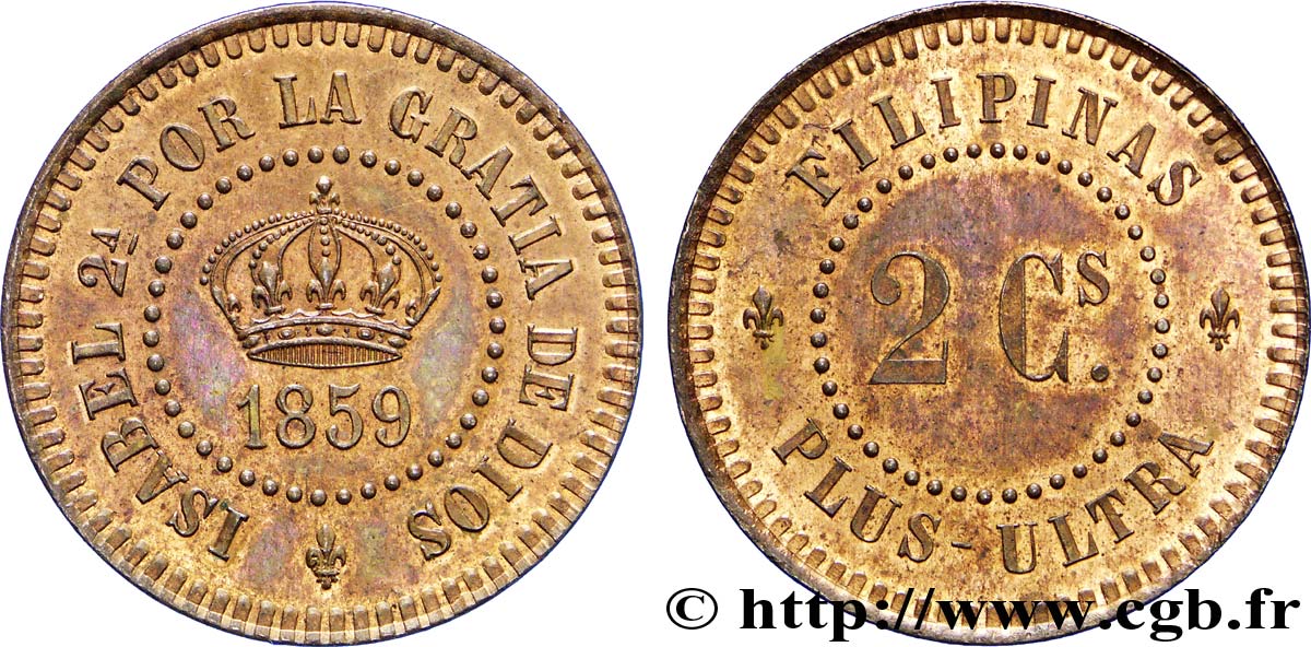 FILIPINE - ISABELLA II DI SPAGNA Essai de 2 centimos 1859  AU 