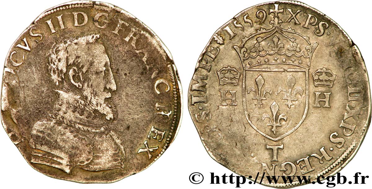 FRANCIS II. COINAGE AT THE NAME OF HENRY II Teston à la tête nue, 3e type 1559 Nantes VF