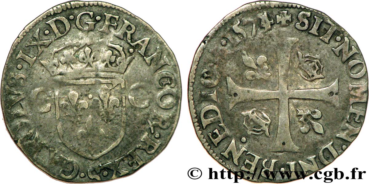 CHARLES IX Douzain aux deux C, 1er type 1574 Troyes TB+/TTB