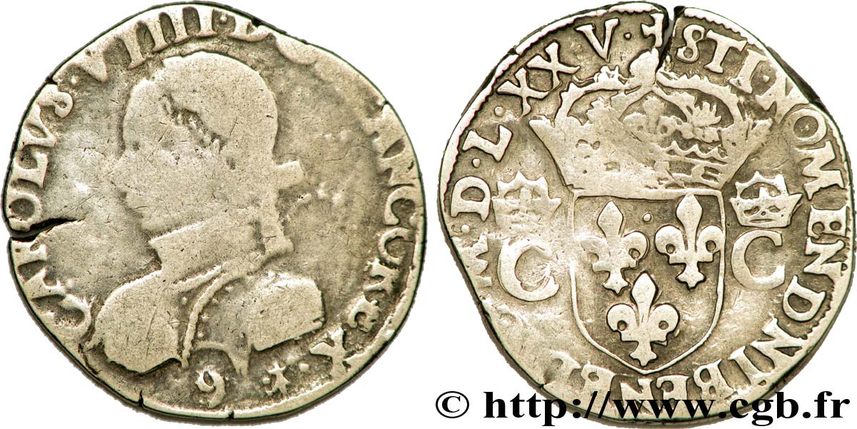 HENRY III. COINAGE AT THE NAME OF CHARLES IX Teston, 2e type, légende fautée STI au lieu de SIT 1575 (MDLXXV) Rennes fSS/SS