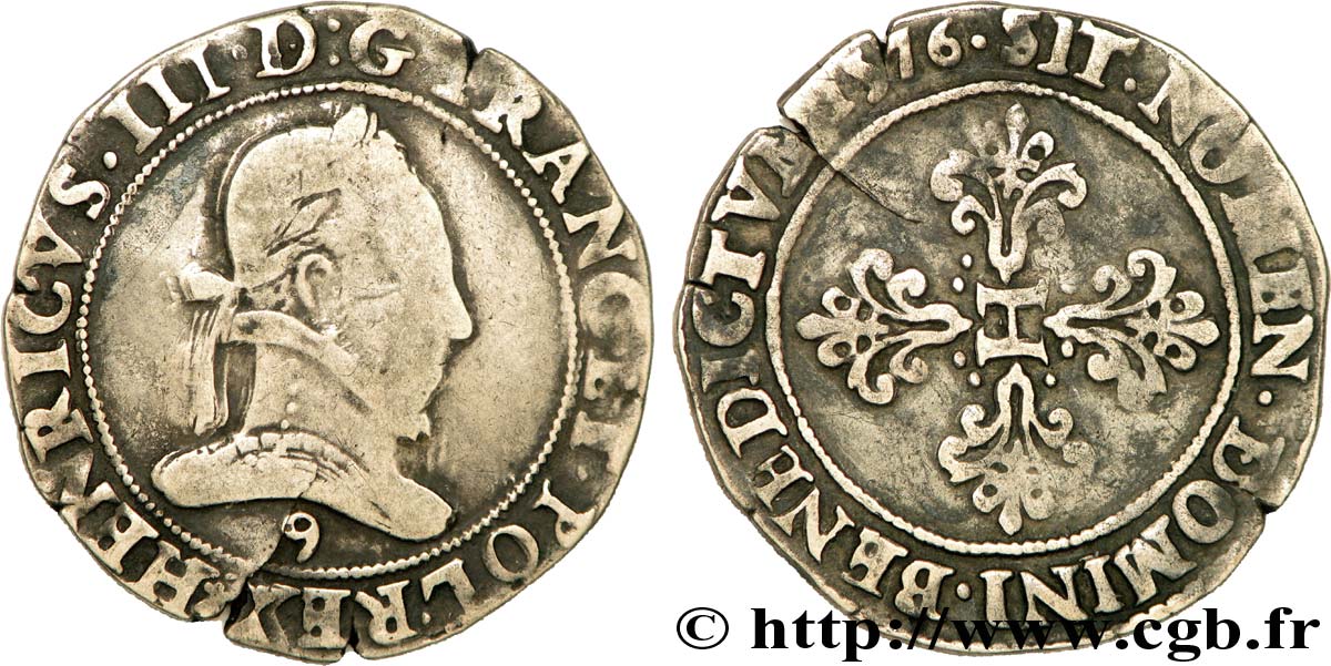 HENRI III Franc au col plat 1576 Rennes TB+/TTB