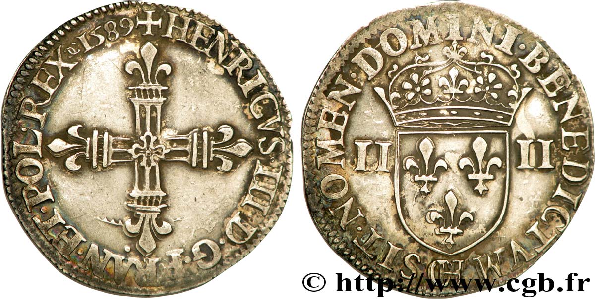 HENRI III Quart d écu, croix de face 1589 Châlons-en-Champagne SUP