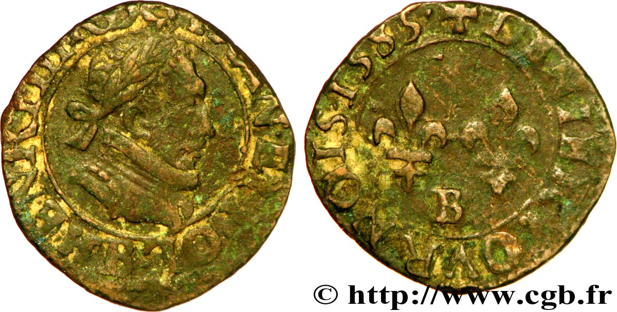 HENRY III Denier tournois, type de Rouen 1585 Rouen BC/RC+