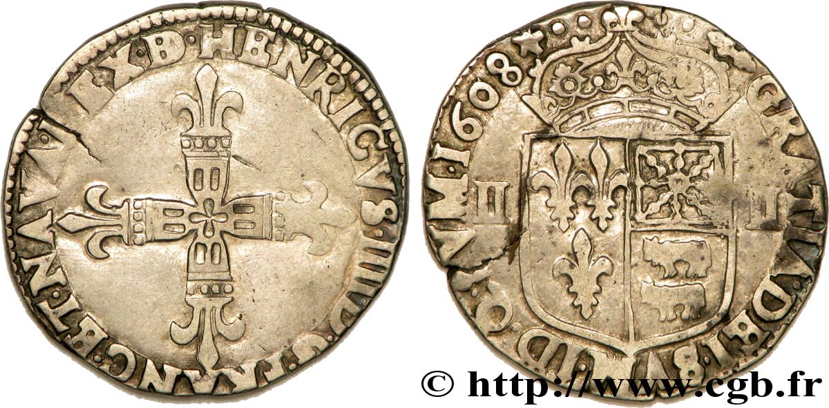 HENRY IV Quart d écu de Béarn 1608 Morlaàs XF