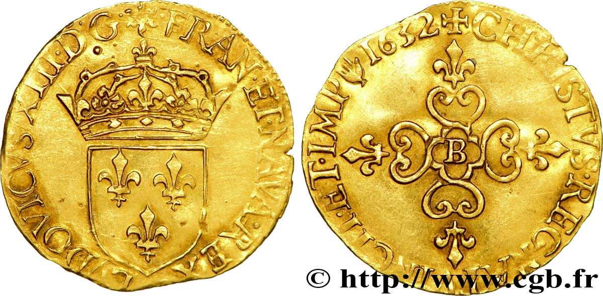 LOUIS XIII LE JUSTE Écu d or au soleil, 1er type 1632 Rouen TTB+