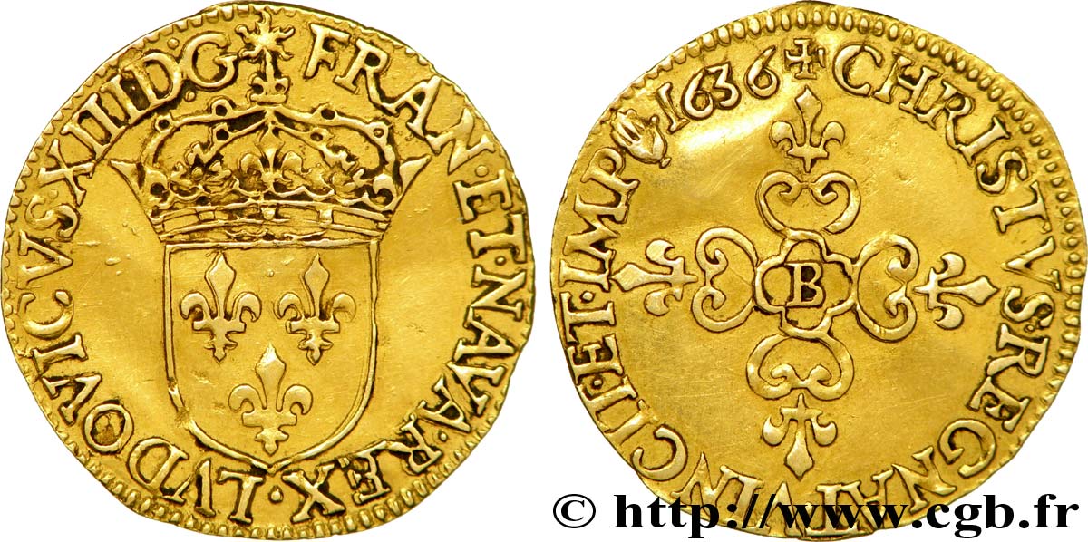 LOUIS XIII LE JUSTE Écu d or au soleil, 1er type 1636 Rouen TTB+