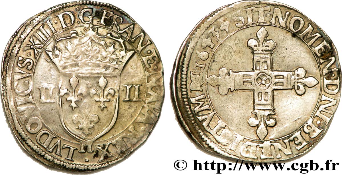 LOUIS XIII  Quart d écu, à la croix fleurdelisée, titulature côté écu 1643 Montpellier SS