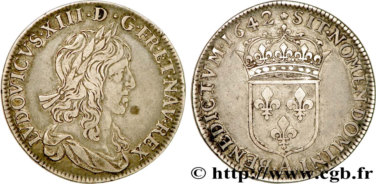 LOUIS XIII LE JUSTE Demi-écu, buste drapé (1er buste de Jean Warin) 1642 Paris, Monnaie de Matignon TB+/TTB