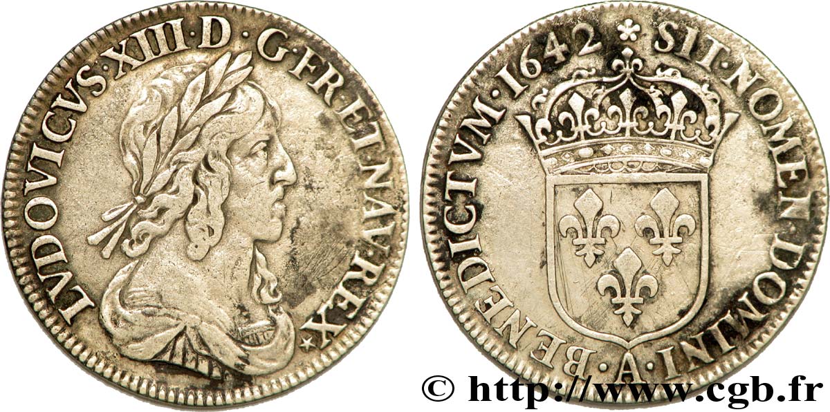 LOUIS XIII  Quart d écu, buste drapé et cuirassé (2e buste de Jean Warin) 1642 Paris, Monnaie de Matignon VF