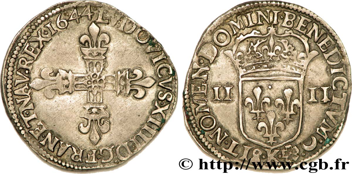 LOUIS XIV  THE SUN KING  Quart d écu, croix de face 1644 Bordeaux q.SPL