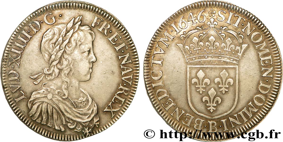 LOUIS XIV  THE SUN KING  Écu à la mèche longue 1646 Rouen SPL