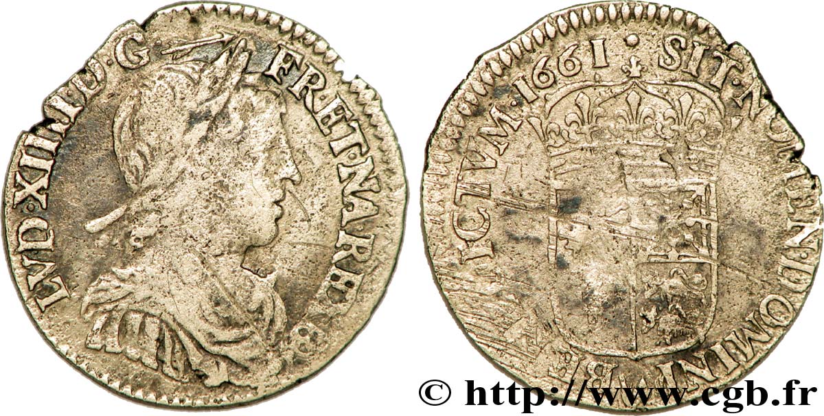 LOUIS XIV  THE SUN KING  Douzième d écu de Béarn à la mèche longue 1661 Pau BC