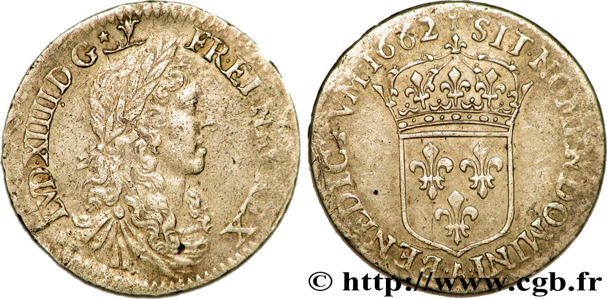 LOUIS XIV LE GRAND OU LE ROI SOLEIL Douzième d&nbsp;écu au buste juvénile, 1er type 1662 Paris TTB