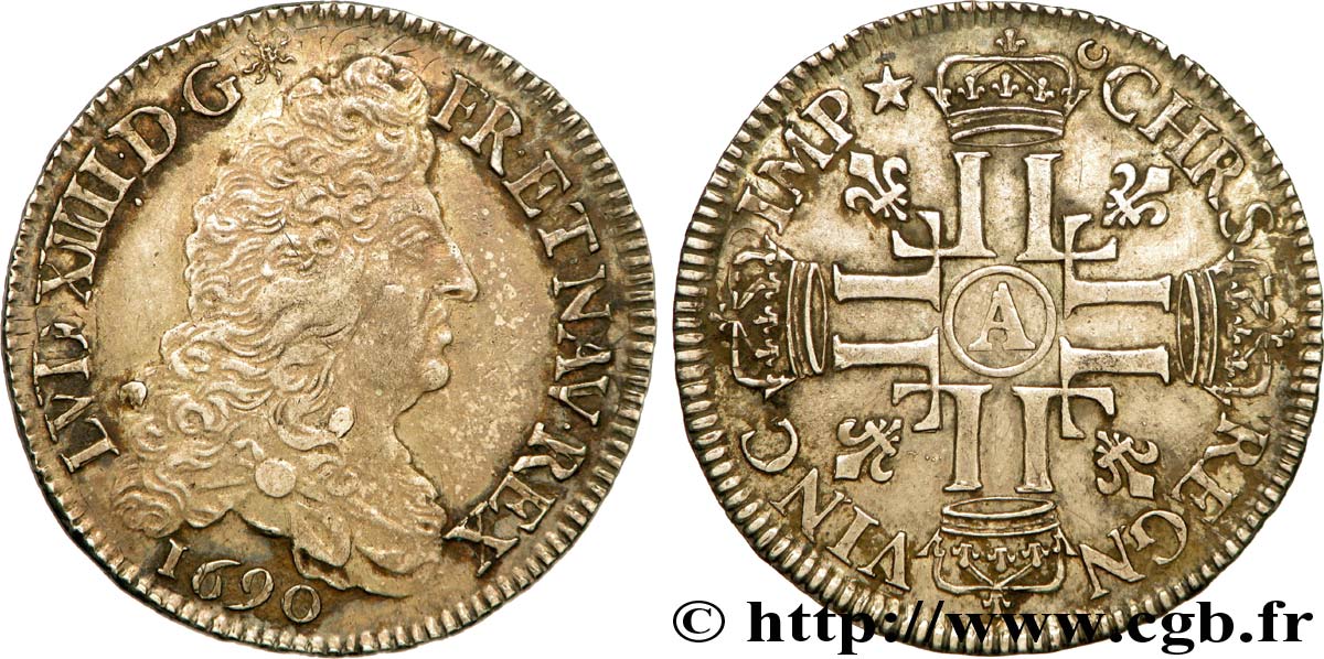 LOUIS XIV LE GRAND OU LE ROI SOLEIL Demi-écu aux huit L, 1er type 1690 Paris TTB+/TTB