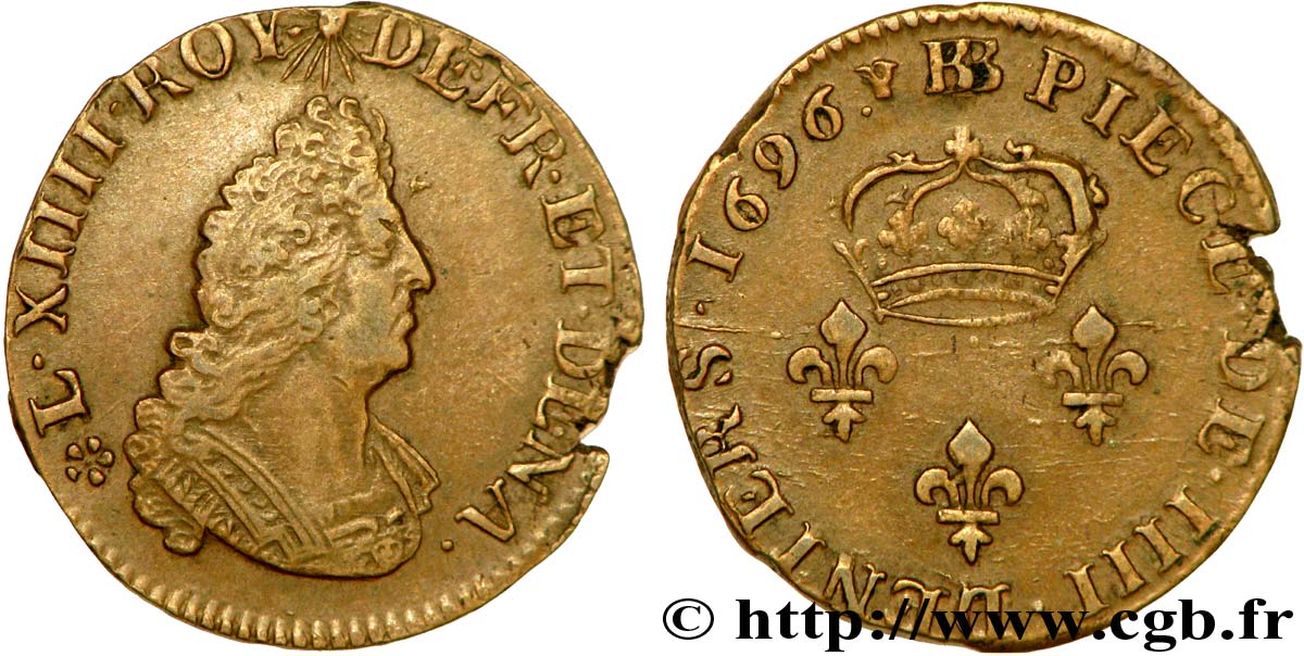 LOUIS XIV  THE SUN KING  IIII deniers
 1696 Strasbourg fVZ