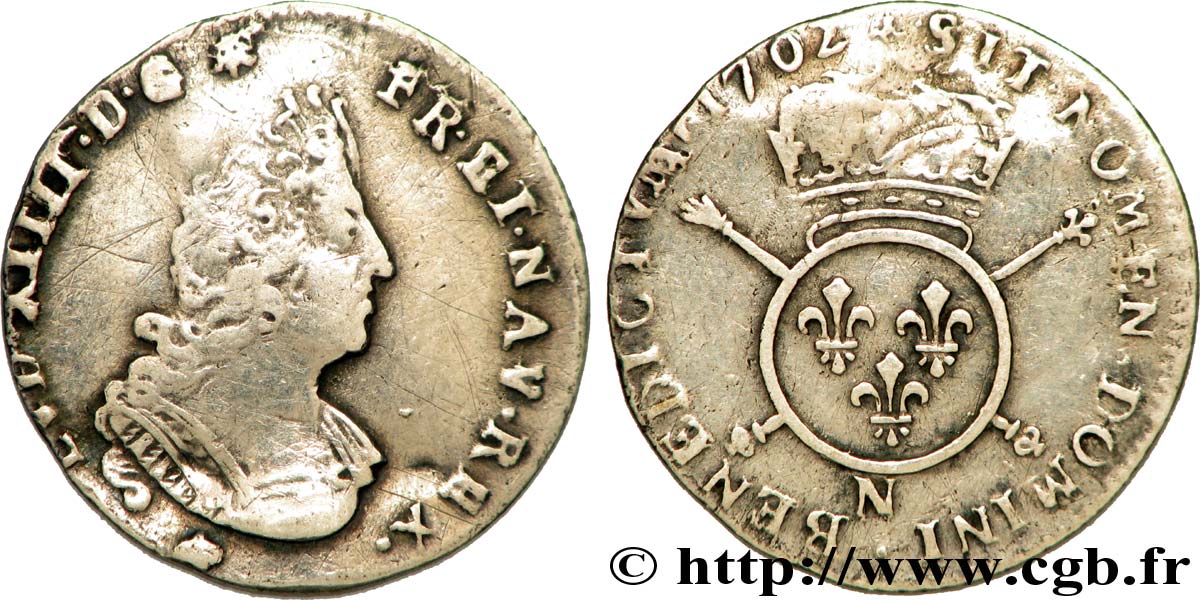 LOUIS XIV &nbsp;THE SUN KING&nbsp; Douzième d&nbsp;écu aux insignes 1702 Montpellier q.MB/MB