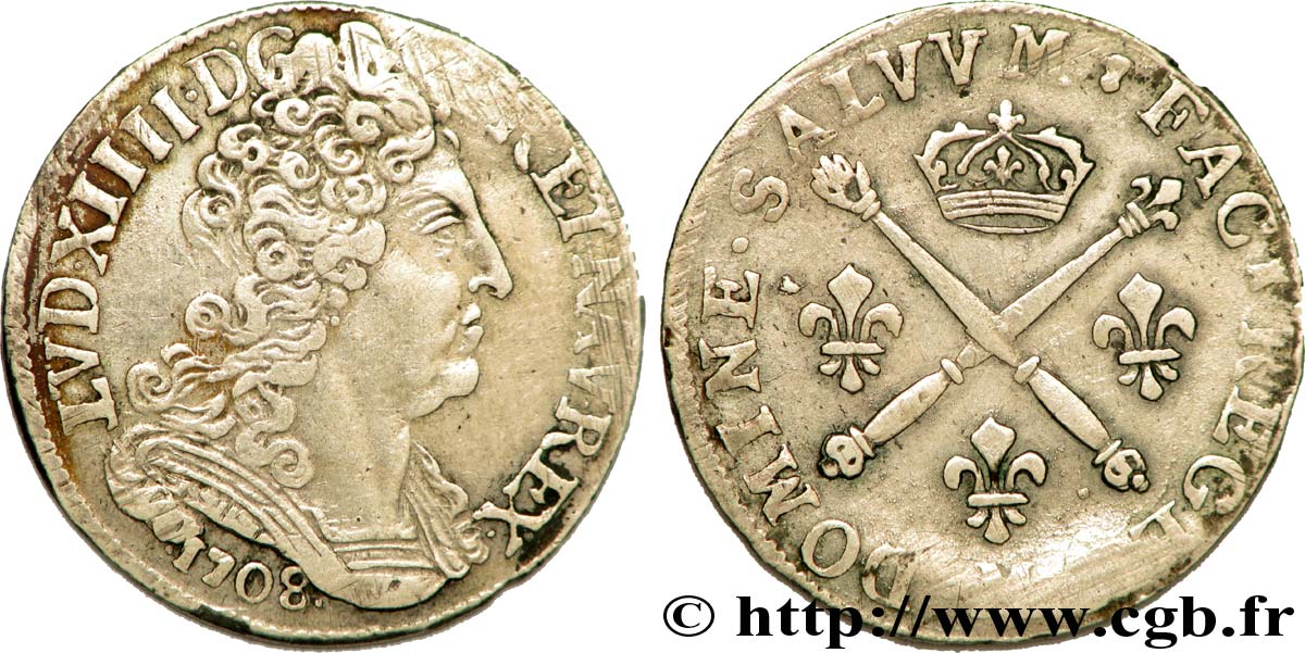 LOUIS XIV  THE SUN KING  Vingt sols aux insignes 1708 Toulouse MBC/BC+