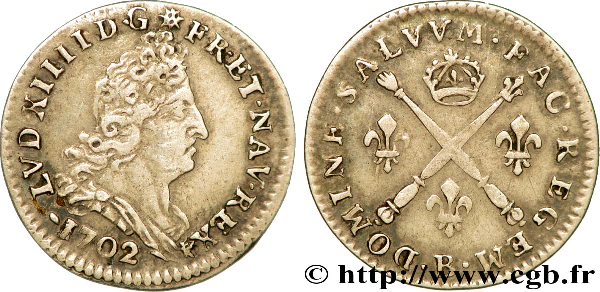 LOUIS XIV LE GRAND OU LE ROI SOLEIL Cinq sols aux insignes 1702 Rouen TTB