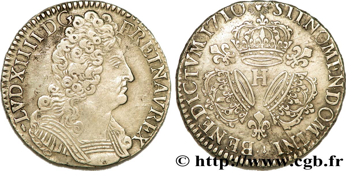 LOUIS XIV  THE SUN KING  Demi-écu aux trois couronnes 1710 La Rochelle XF/AU