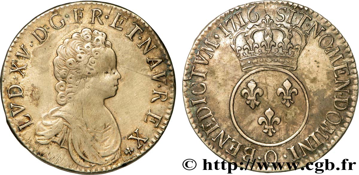 LOUIS XV  THE WELL-BELOVED  Écu dit  vertugadin  1716 Riom SS/fVZ