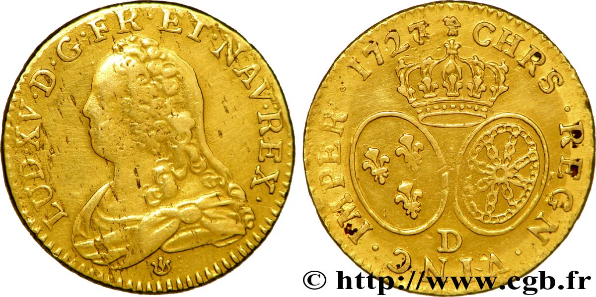 LOUIS XV  THE WELL-BELOVED  Louis d or aux écus ovales, buste habillé 1727 Lyon VF/XF