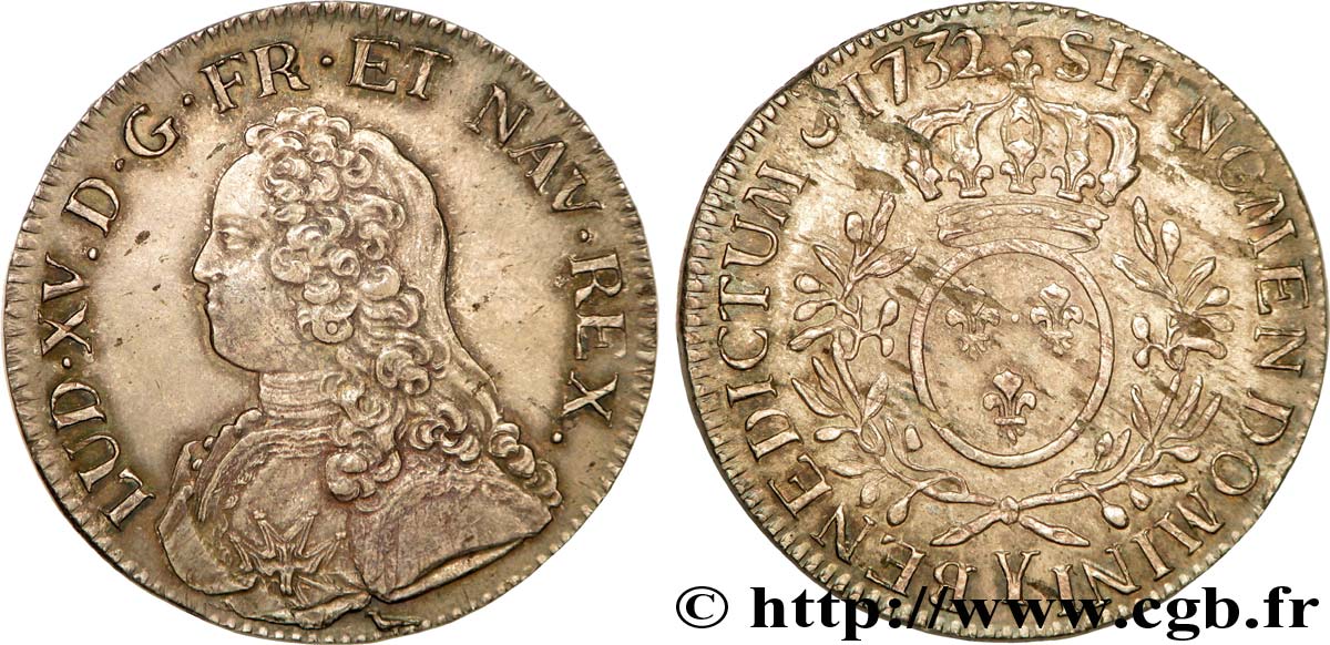 LOUIS XV &nbsp;THE WELL-BELOVED&nbsp; Écu aux branches d&nbsp;olivier, buste habillé 1732 Bourges VZ