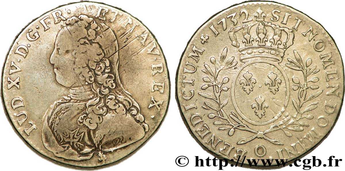 LOUIS XV  THE WELL-BELOVED  Demi-écu aux branches d olivier, buste habillé 1732 Riom q.BB/BB