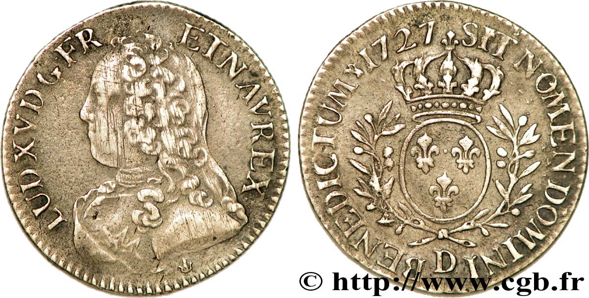 LOUIS XV DIT LE BIEN AIMÉ Cinquième d écu aux branches d olivier, buste habillé 1727 Lyon TTB