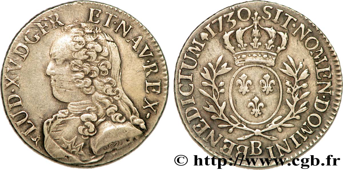 LOUIS XV DIT LE BIEN AIMÉ Cinquième d&nbsp;écu aux branches d&nbsp;olivier, buste habillé 1730 Rouen TTB+