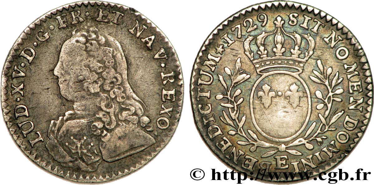 LOUIS XV  THE WELL-BELOVED  Dixième d’écu aux branches d’olivier, buste habillé 1729 Tours BC+