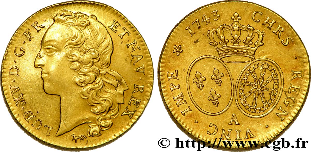 LOUIS XV  THE WELL-BELOVED  Double louis d’or aux écus ovales, tête ceinte d’un bandeau 1743 Paris VZ
