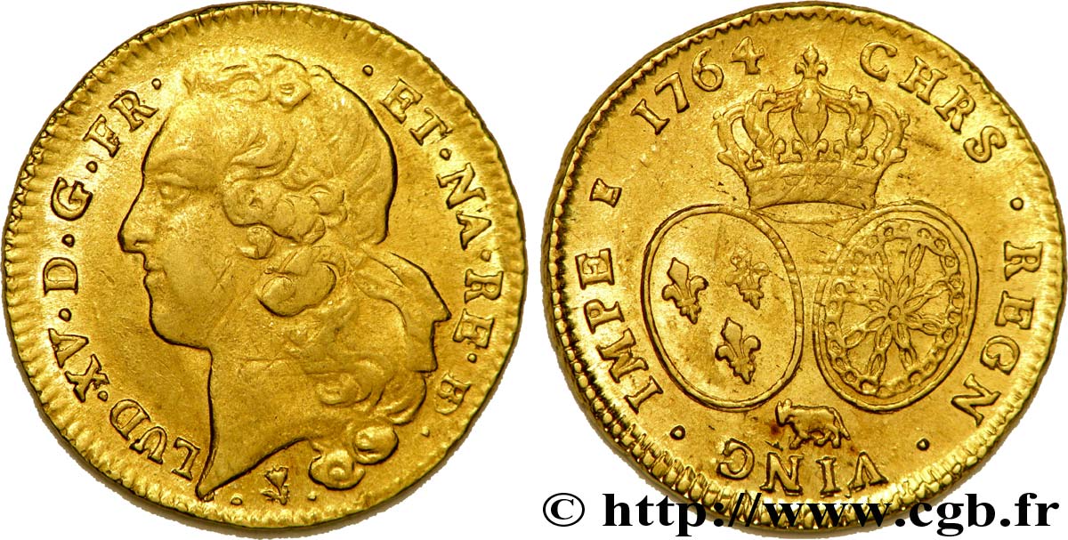 LOUIS XV  THE WELL-BELOVED  Double louis d’or aux écus ovales, tête ceinte d’un bandeau 1764 Pau XF/AU