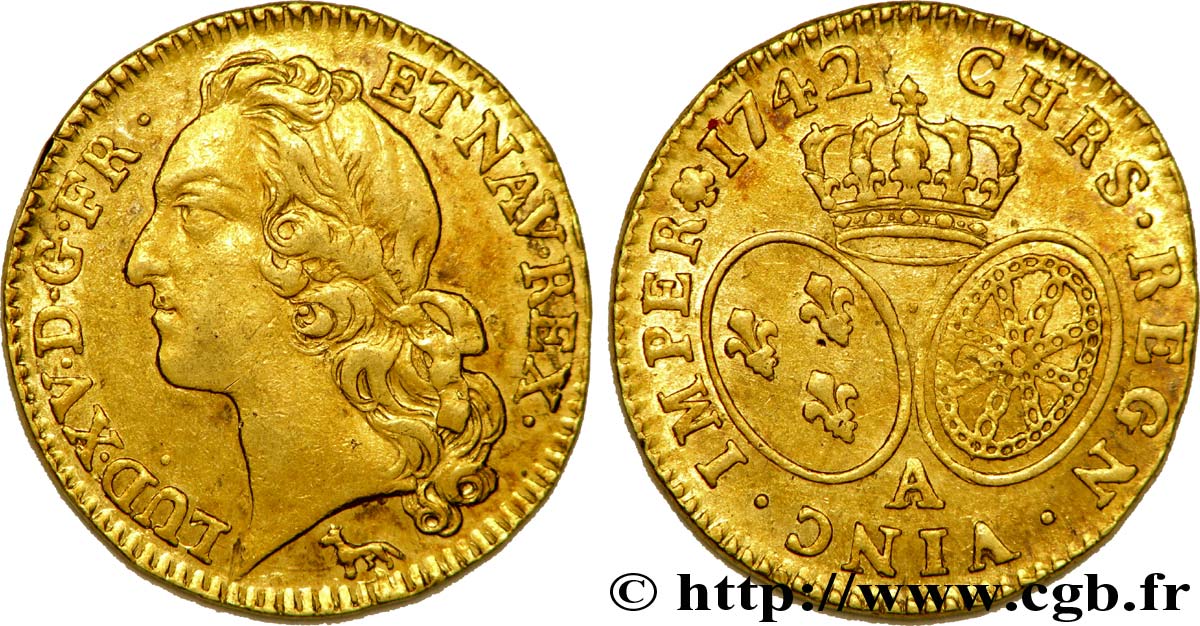 LOUIS XV  THE WELL-BELOVED  Louis d’or aux écus ovales, tête ceinte d’un bandeau 1742 Paris SS/fVZ