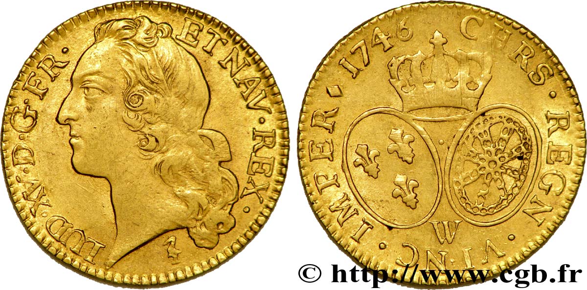 LOUIS XV  THE WELL-BELOVED  Louis d’or aux écus ovales, tête ceinte d’un bandeau 1746 Lille MBC+