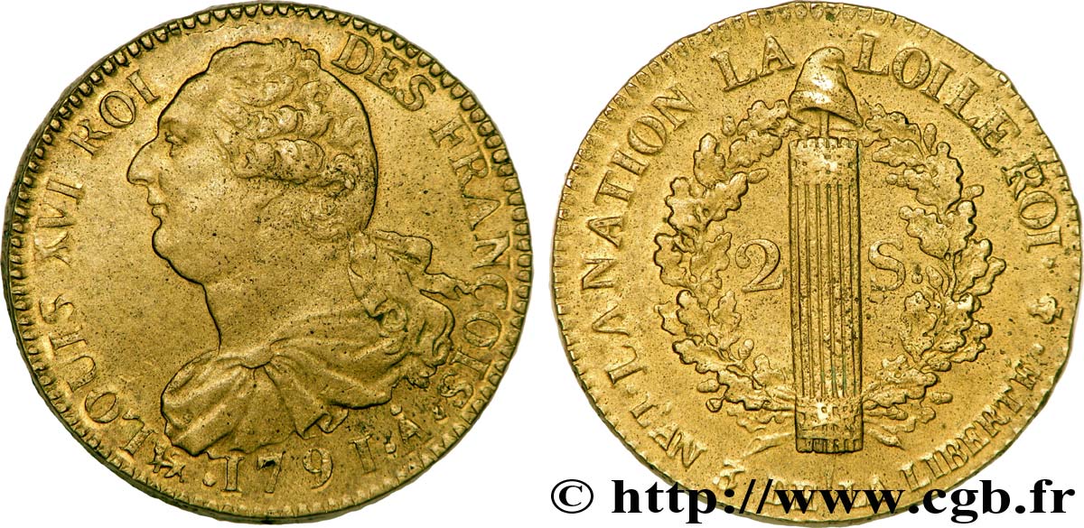 LOUIS XVI 2 sols dit  au faisceau , type FRANÇOIS 1791 Paris AU