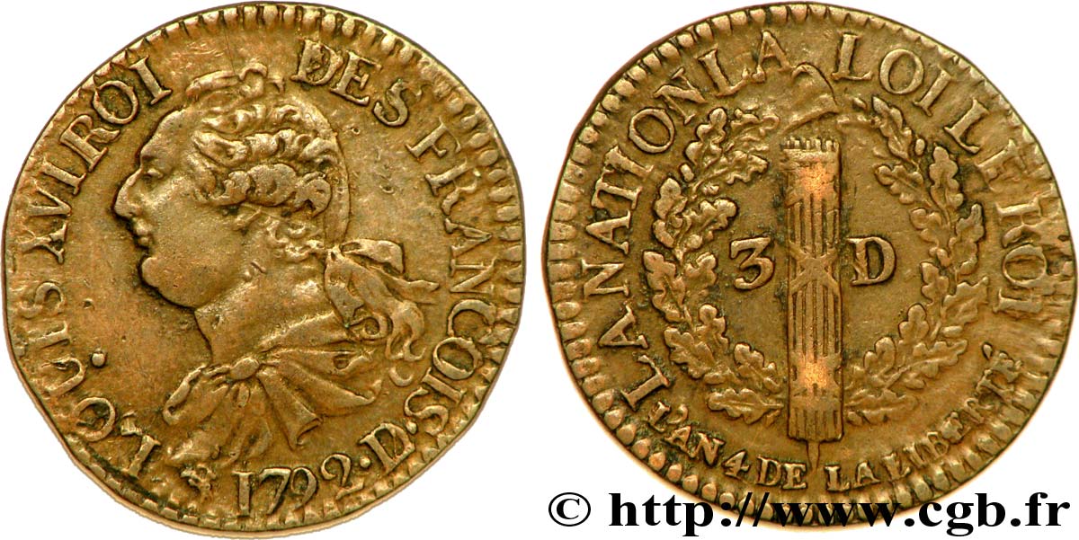 LOUIS XVI 3 deniers dit  au faisceau , type FRANCOIS 1792 Lyon AU/AU