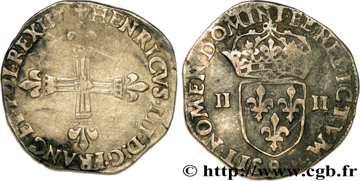 HENRI III Quart d écu, croix de face 157[8-9] Rennes TB