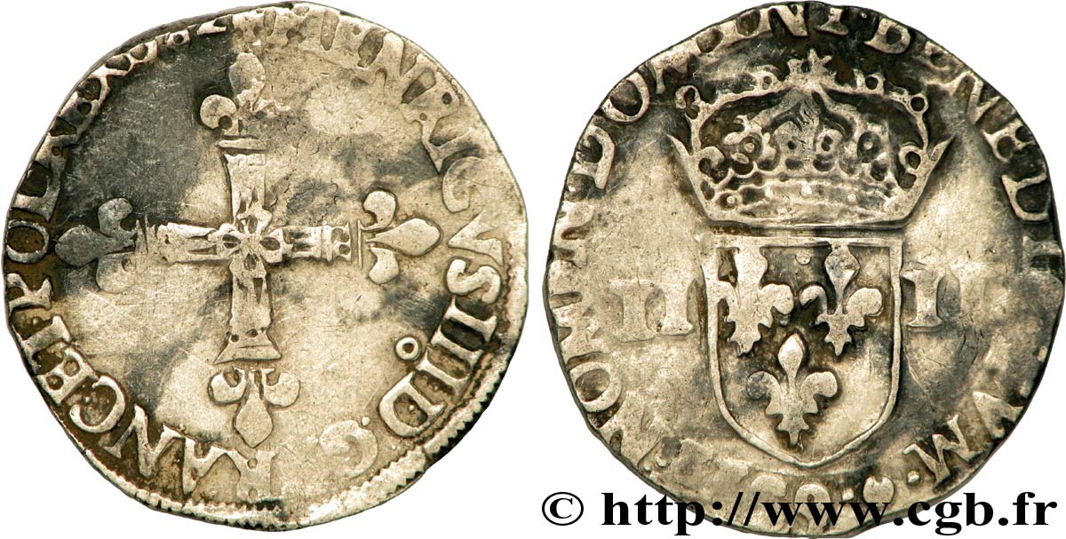 HENRI III Quart d écu, croix de face 1582 Rennes B+