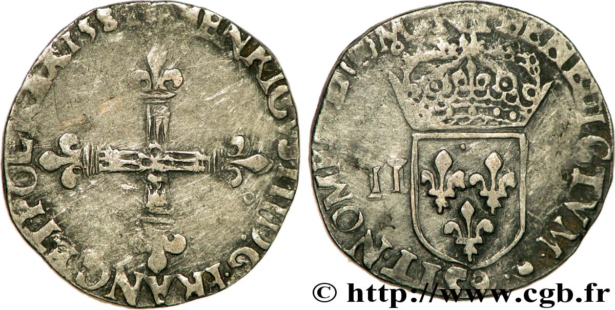 HENRI III Quart d écu, croix de face 158[1 ou 2] Rennes TB