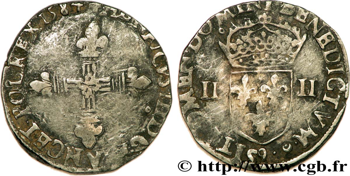 HENRI III Quart d écu, croix de face 1584 Rennes TB