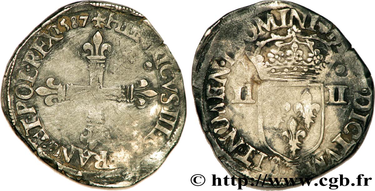 HENRY III Quart d&nbsp;écu, croix de face 1587 Nantes VF