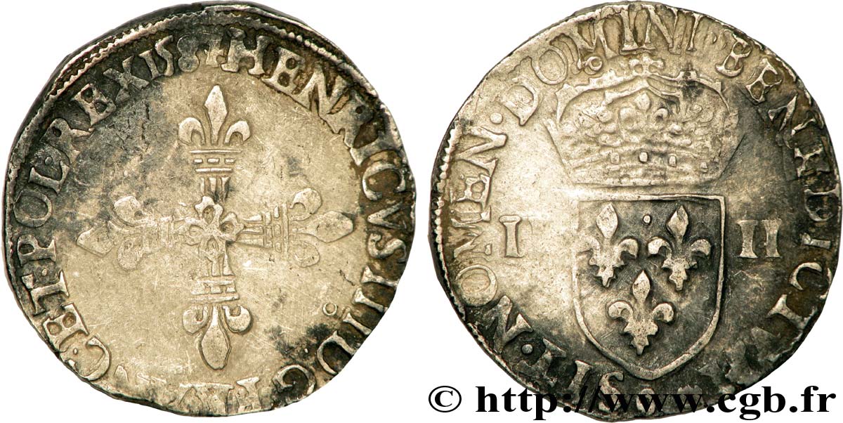 HENRI III Quart d écu, croix de face 1587 Rennes TB+