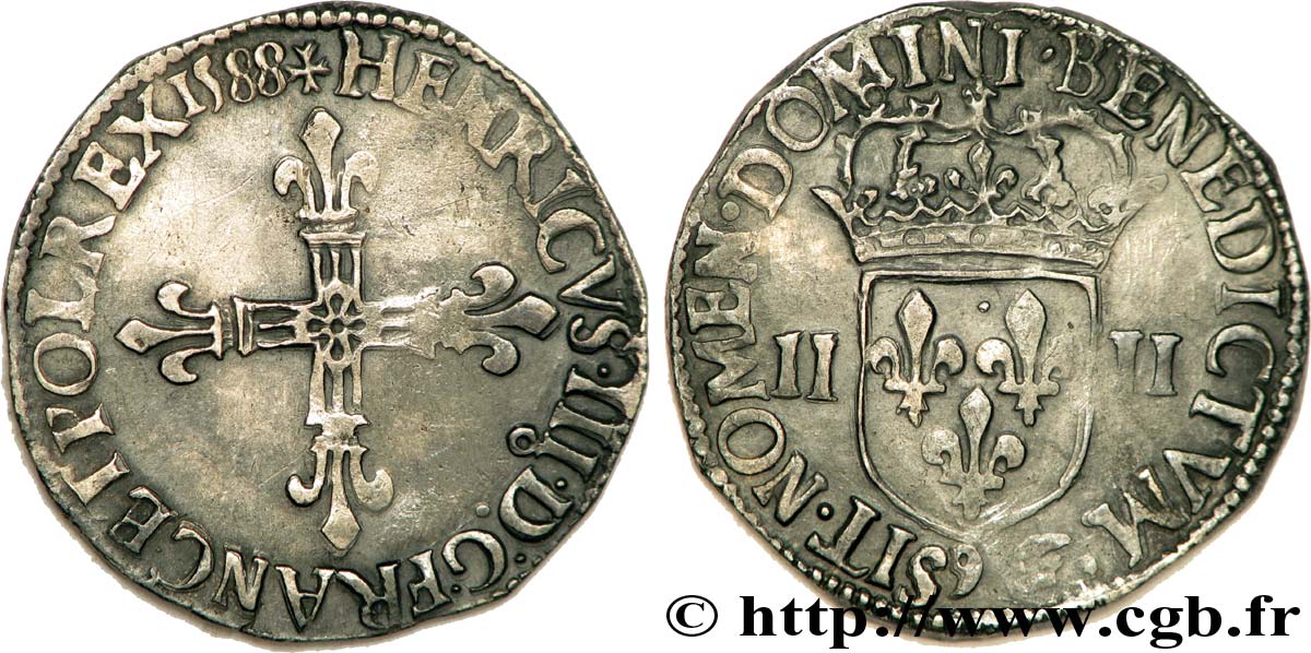 HENRY III Quart d écu, croix de face 1588 Rennes XF