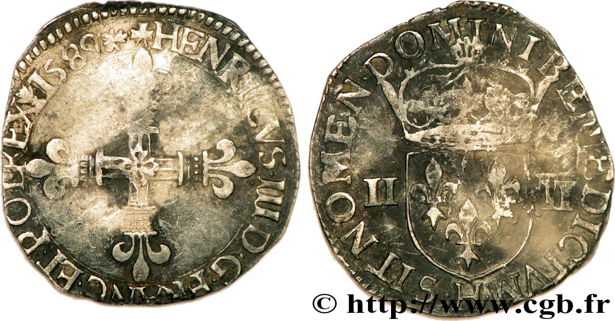 HENRY III Quart d écu, croix de face 1589 La Rochelle q.BB