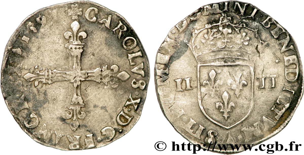 CHARLES X, CARDINAL DE BOURBON Quart d écu, croix de face 1591 Paris TB+