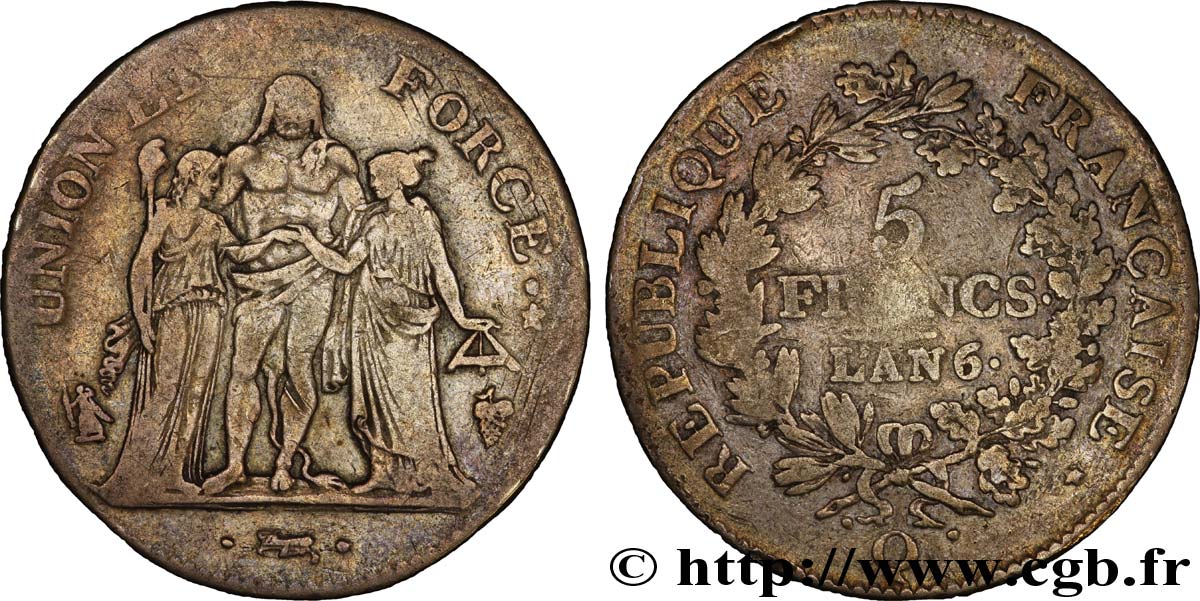 5 francs Union et Force, Union serré, seulement gland extérieur 1798 Perpignan F.288/82 VF 