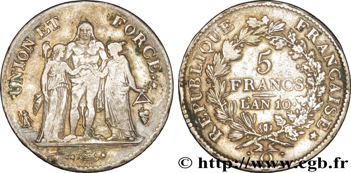 5 francs Union et Force, Union serré, avec glands intérieurs et gland extérieur 1802 Perpignan F./ BC 