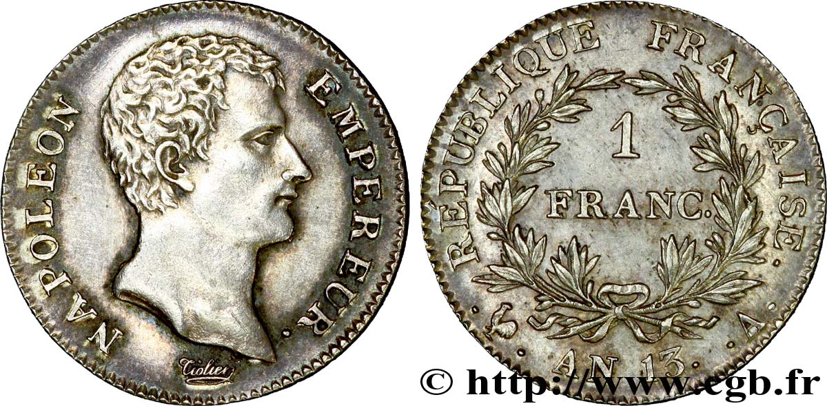1 franc Napoléon Empereur, Calendrier révolutionnaire 1805 Paris F.201/14 AU 